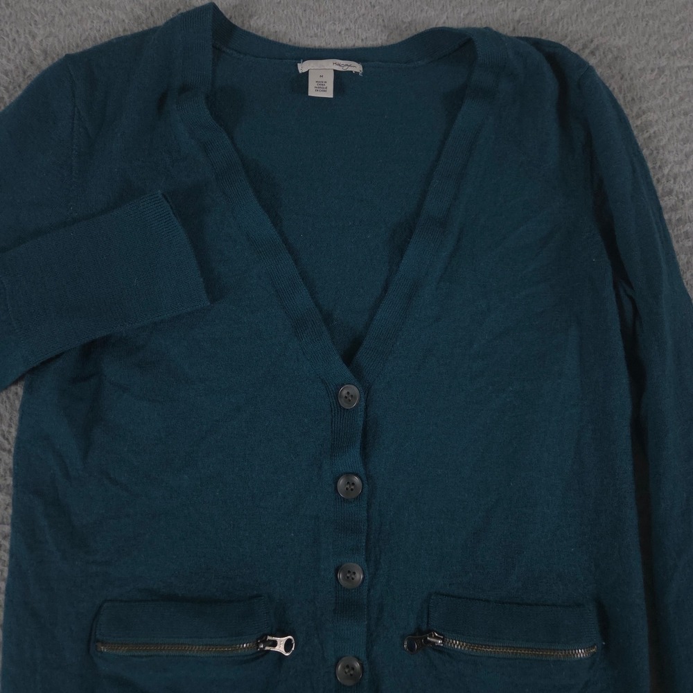 Halogen Sweater Womens Medium Teal Merino Wool Cardigan Zipper Pockets V-Neck